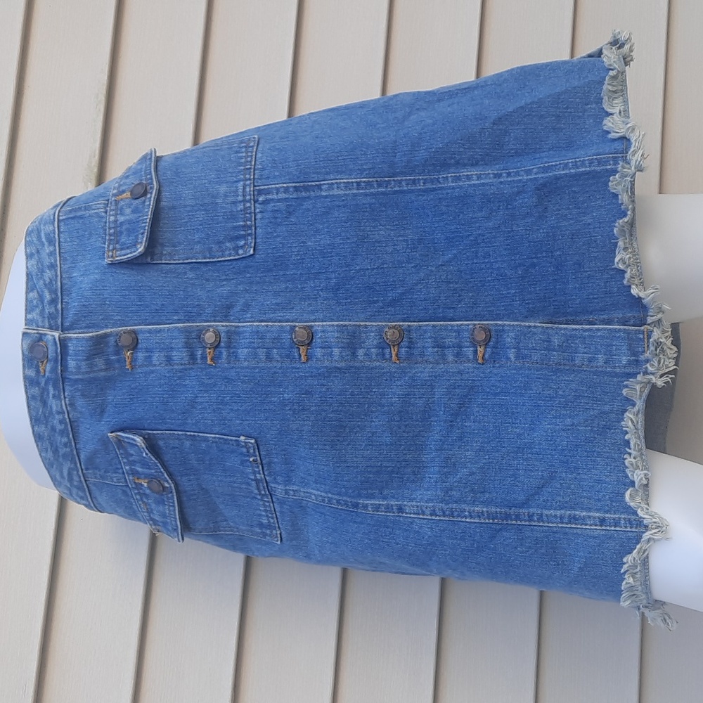 Vintage Faded Glory Skirt Midi Button Down Denim Raw Hem Slits Pockets